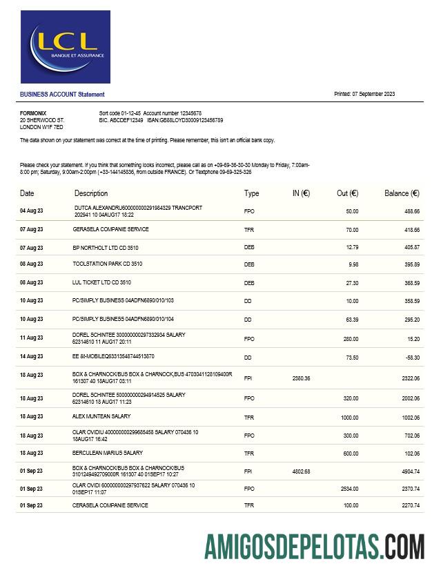 Modelo Realista LCL Bank Business Statement Word e PDF